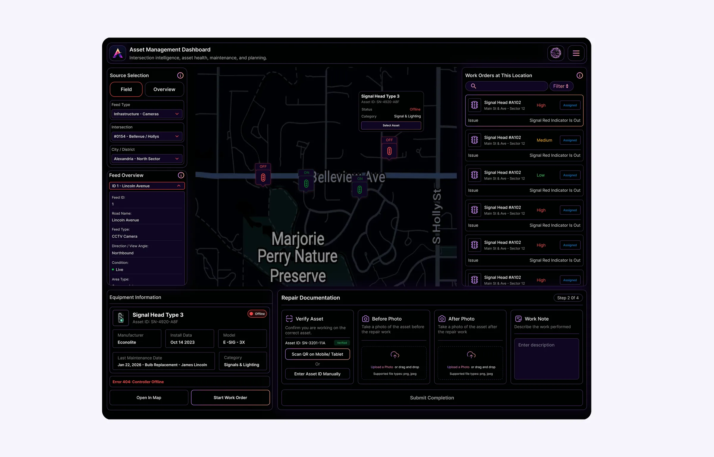 ATLAS Asset Management dashboard showing city assets, issue status, work orders and selected asset information.