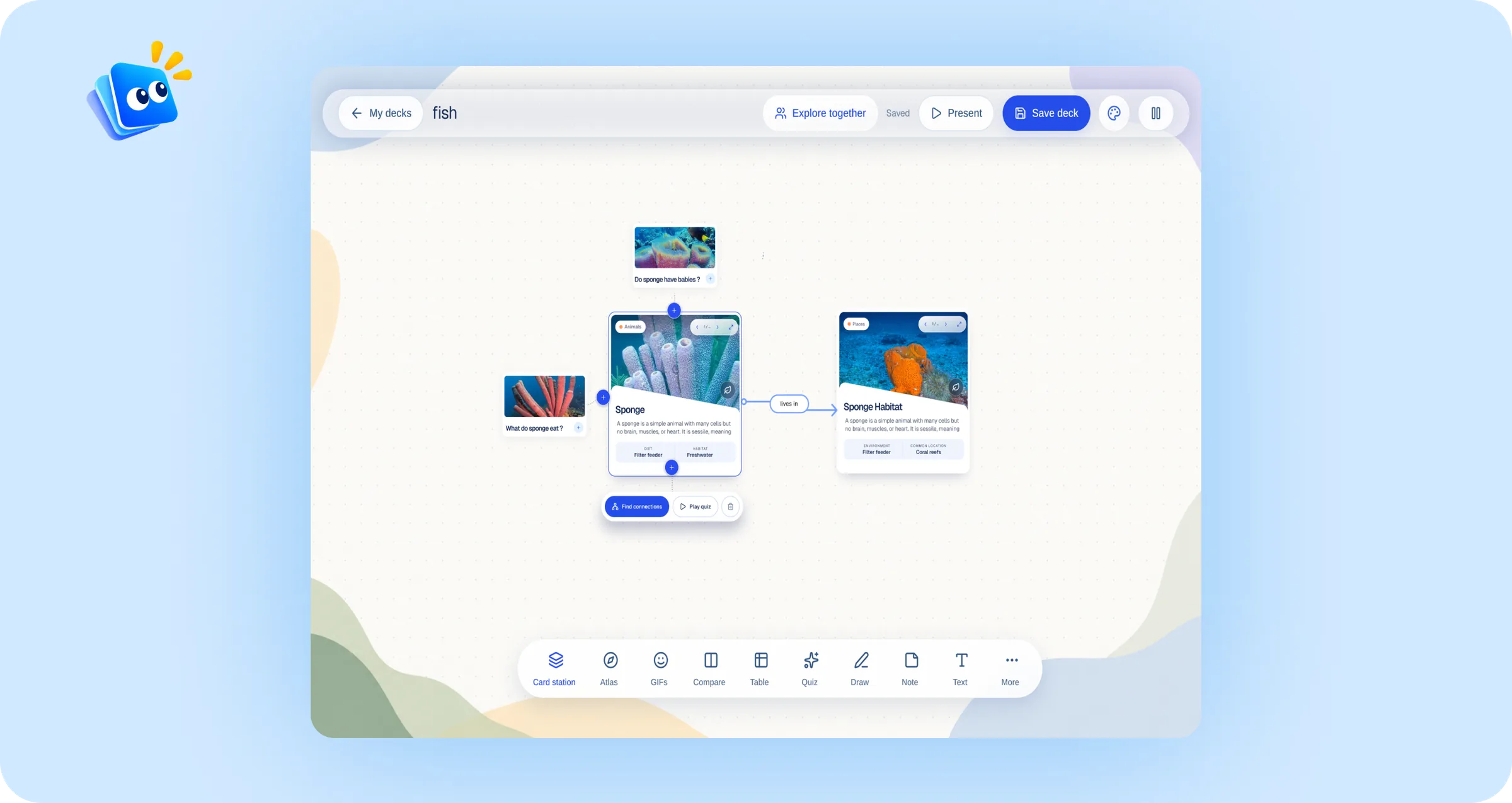Deck canvas connecting knowledge cards about sponges and their habitat.