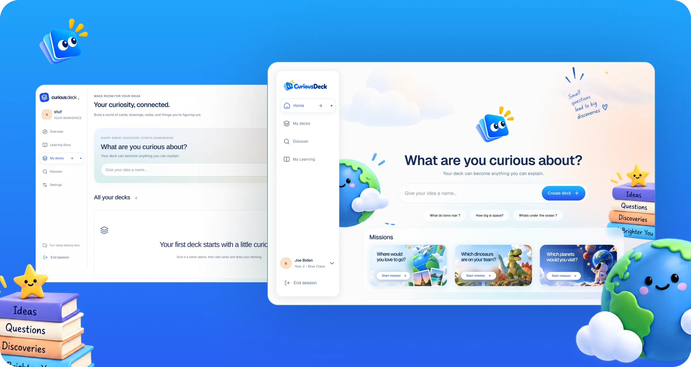 The original empty My Decks screen beside the redesigned Home screen asking “What are you curious about?” with missions.