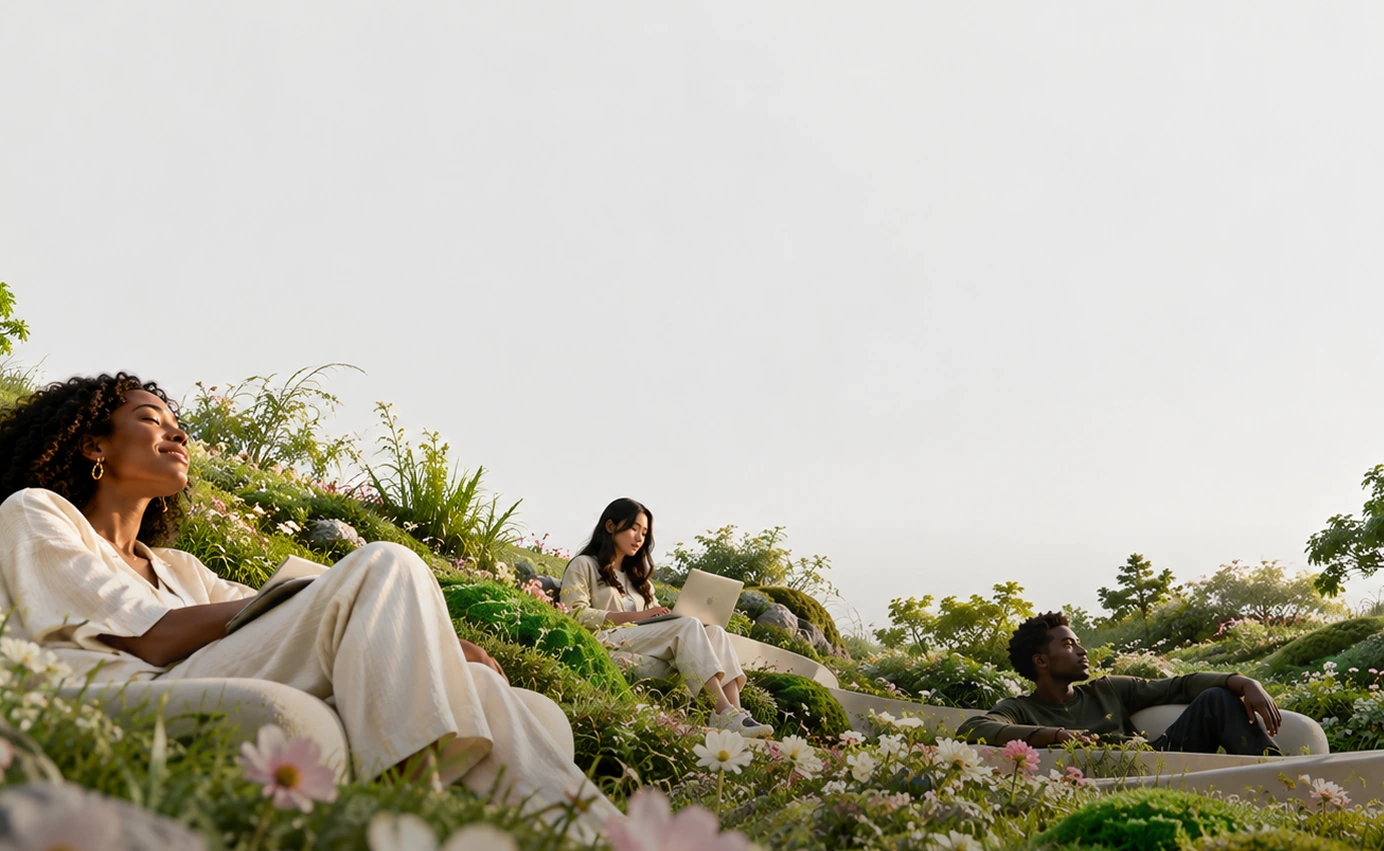 Creative professionals relaxing and working in a flower garden