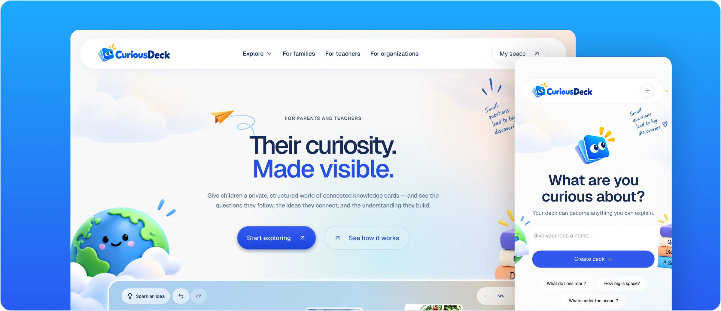 CuriousDeck website and mobile app on a blue background: “Their curiosity. Made visible.” and “What are you curious about?”