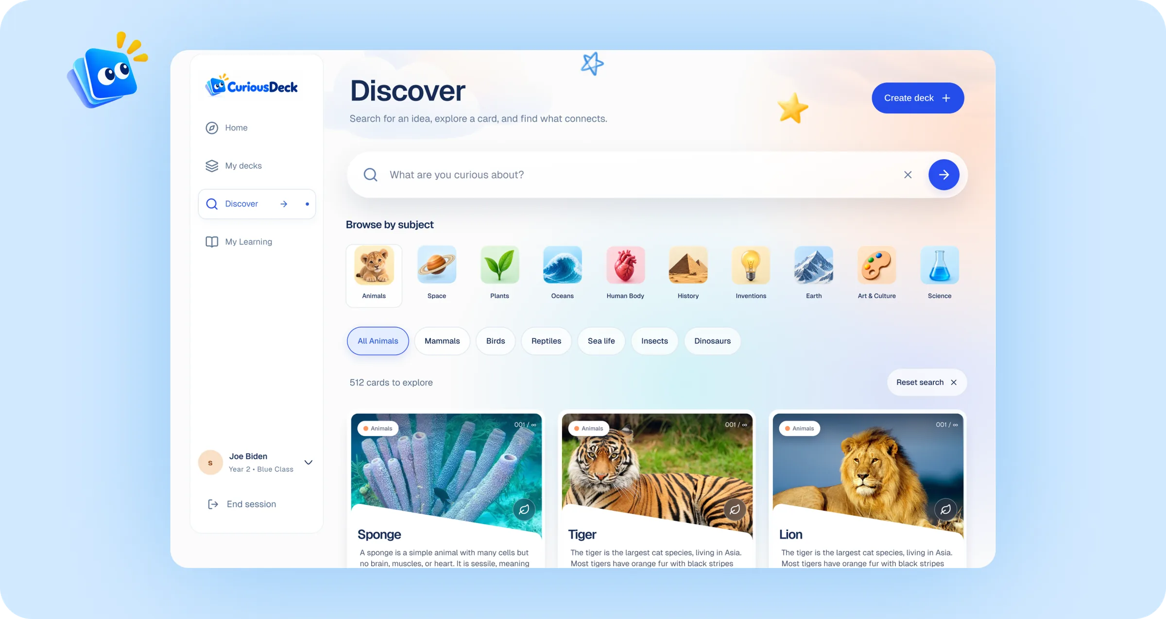 Discover screen with a topic search, subject categories and visual topic cards.
