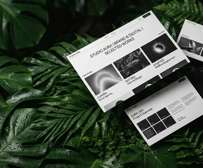 Black-and-white website mockup over tropical leaves
